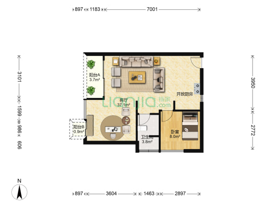 山海津 1室1厅1卫 72平方