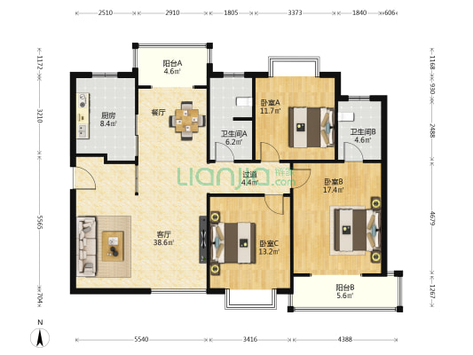 管道北区 3室1厅2卫 153平方