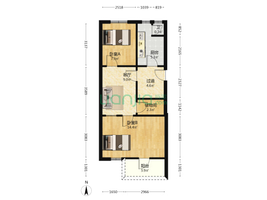 芜湖路197号宿舍 2室1厅1卫 58平方