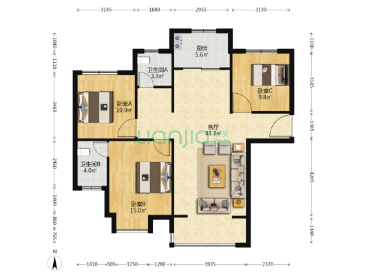 鹿韵里 3室1厅2卫 127平方
