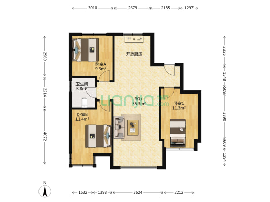 金普广场四期 3室1厅1卫 98平方
