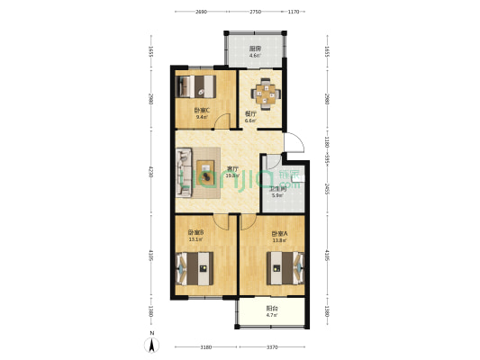 光華苑北区 3室2厅1卫 93平方