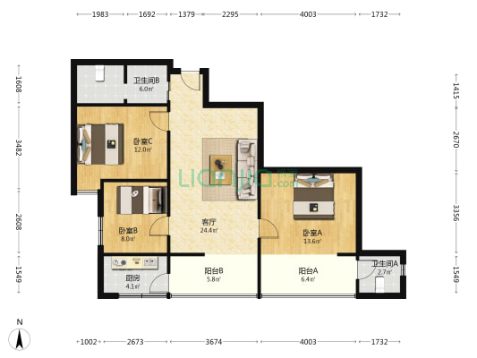 大宇a座 3室1厅2卫 119平方