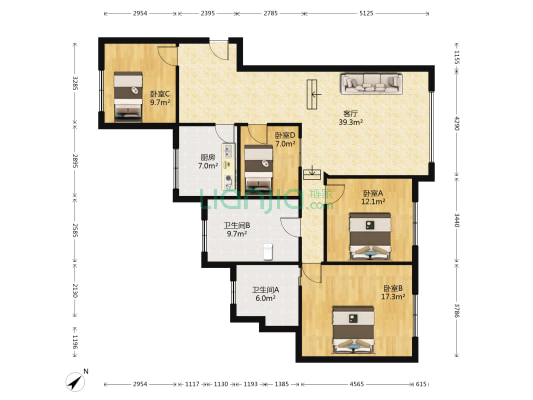 银通商住楼 4室1厅2卫 135平方