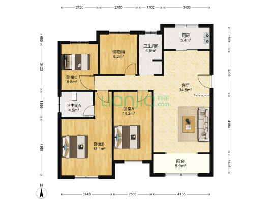 蓝天花园 3室1厅2卫 145平方