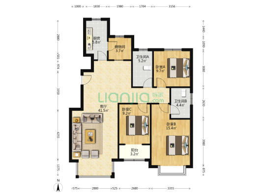 万达 军官社区 南北通透大三居，东户 证满 急售-户型图