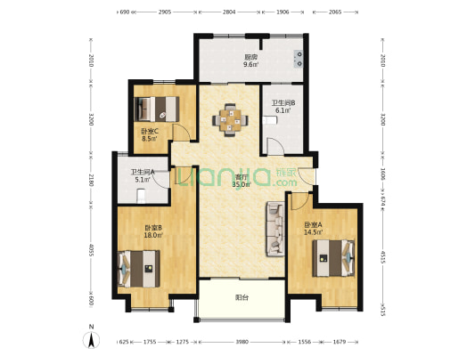 常福名苑 3室1厅2卫 134平方