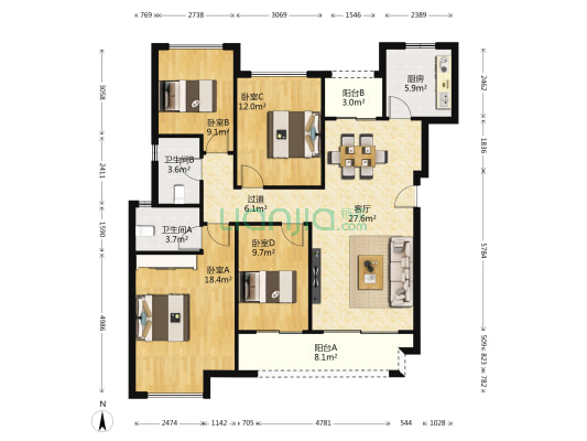 金科御临河星空 4室1厅2卫 121平方