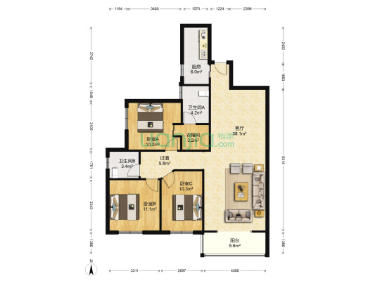 东兴天地A区 3室1厅2卫 127平方
