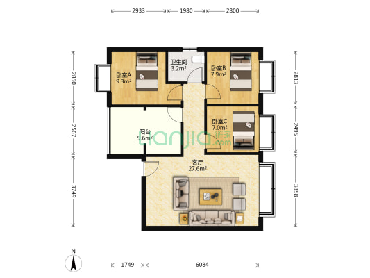 平福里 3室1厅1卫 85平方