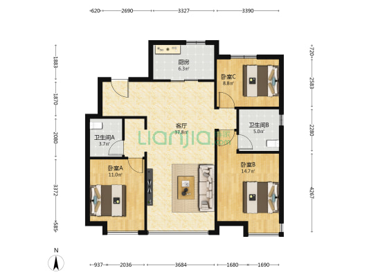 恒大西江天悦 3室1厅2卫 124平方