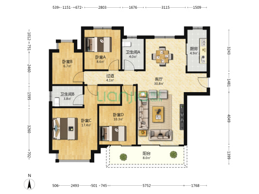 合景叠翠峰 4室1厅2卫 128平方