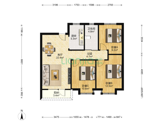 中梁首府 3室1厅1卫 104平方