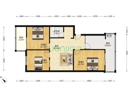 营康路1号 3室1厅1卫 94平方