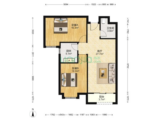 唐郡 2室1厅1卫 88平方