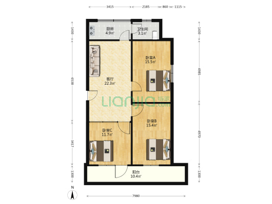 平安巷1号 3室1厅1卫 99平方