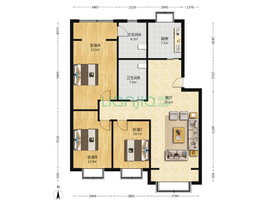 康和园 3室1厅2卫 126平方