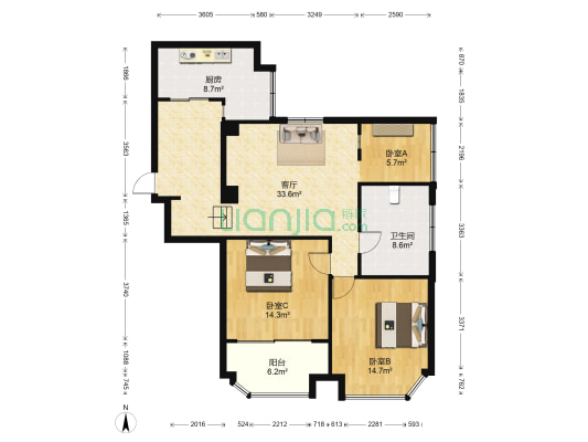 实达皇冠 3室1厅1卫 124平方