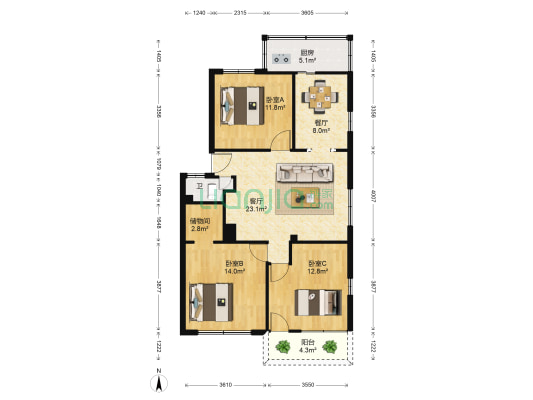 东浦二区 3室2厅1卫 102平方