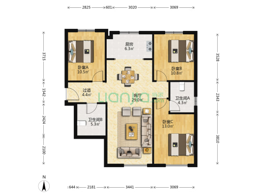 天园三期 3室1厅2卫 111平方
