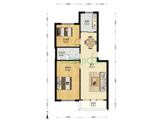 东城观海 2室1厅1卫 78平方