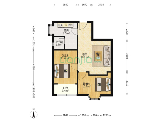 卷烟厂宿舍 2室1厅1卫 67平方