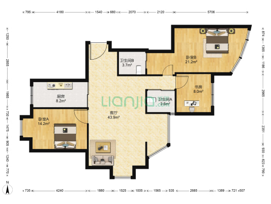 八仙楼小区 3室1厅2卫 134平方