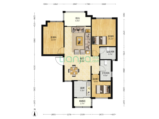 国信璟院 3室1厅2卫 107平方