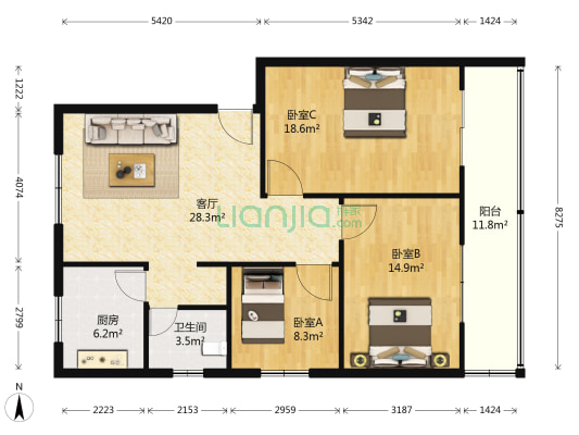 原野公寓 3室1厅1卫 110平方