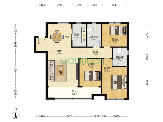 齐耀花园 3室1厅2卫 125平方