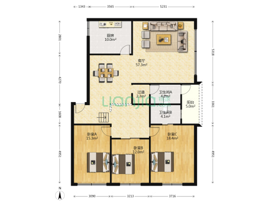 嘉信名苑东区 3室1厅2卫 153平方