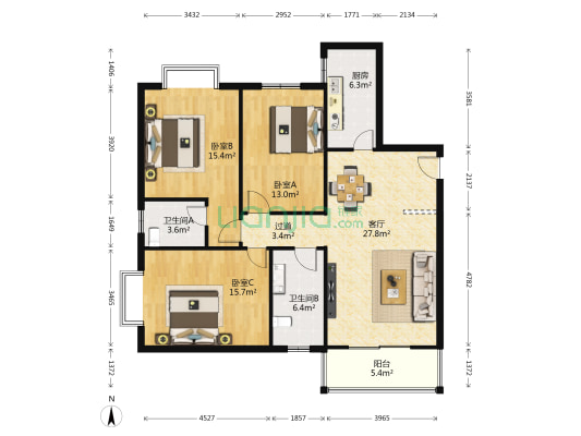家和万世 3室1厅2卫 128平方