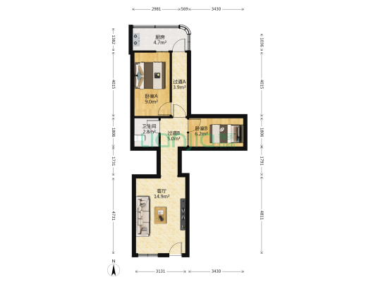 广东美术馆宿舍 2室1厅1卫 53平方
