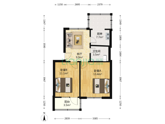 工一街8号院 2室1厅1卫 57平方