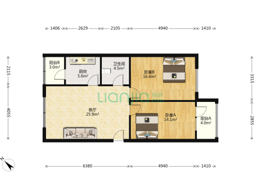 新政家园 2室1厅1卫 103平方
