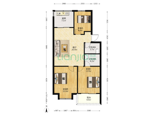 玉融花园 3室1厅2卫 92平方