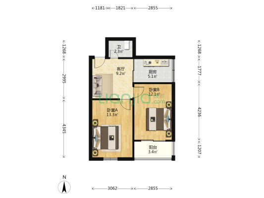 湖北路42号 2室1厅1卫 55平方