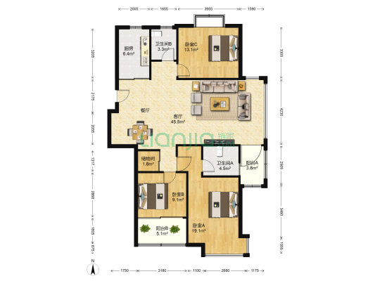 瑞凯国际城 3室1厅2卫 137平方