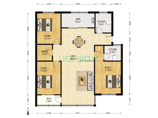 剡溪花园 3室1厅2卫 135平方