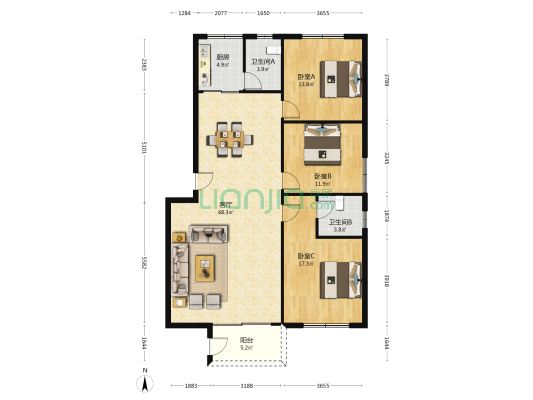 金园楼 3室1厅2卫 133平方