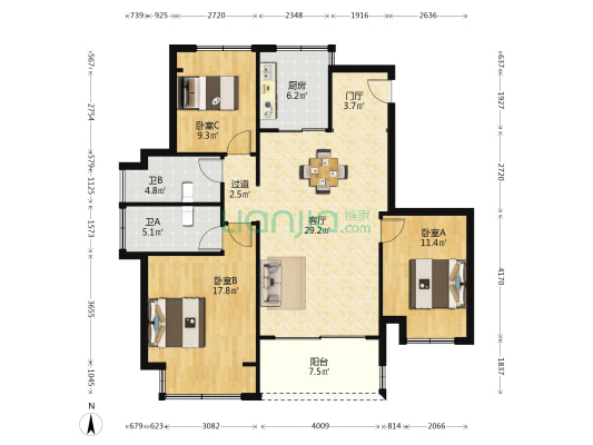 星河国际一区 3室1厅2卫 118平方