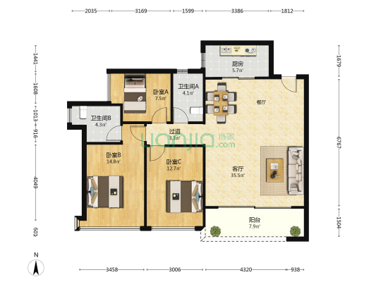 华发四季云山 3室1厅2卫 110平方