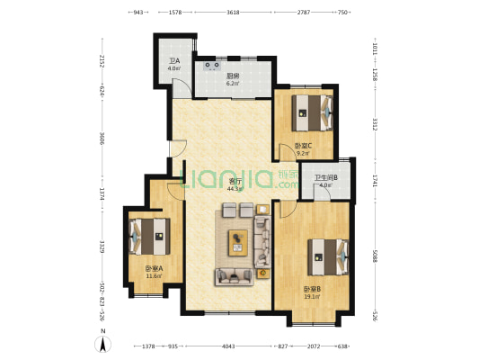 华远棠悦咏棠轩 3室1厅2卫 126平方