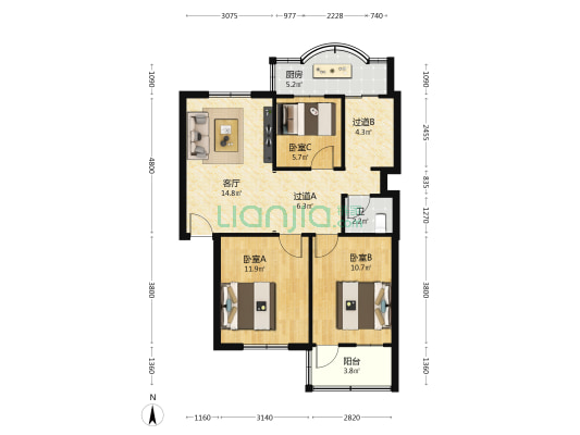 得利新村 3室1厅1卫 74平方