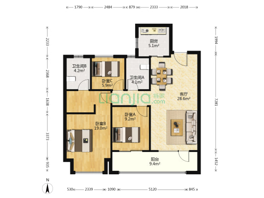 中锐星公元 3室1厅2卫 110平方