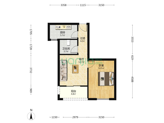 兴业骏豪华庭 1室1厅1卫 58平方