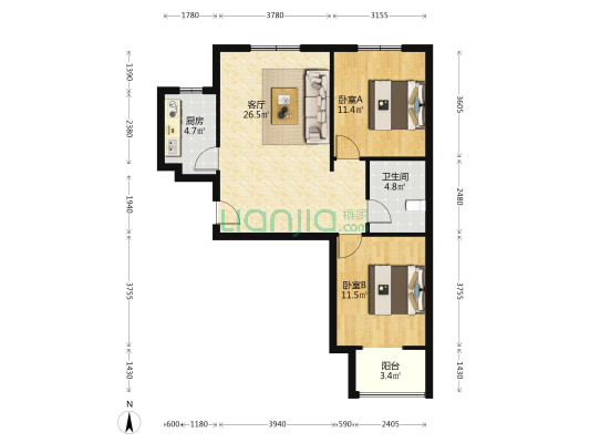 此房业主诚意出售，采光好，客厅朝阳，户型方正-户型图