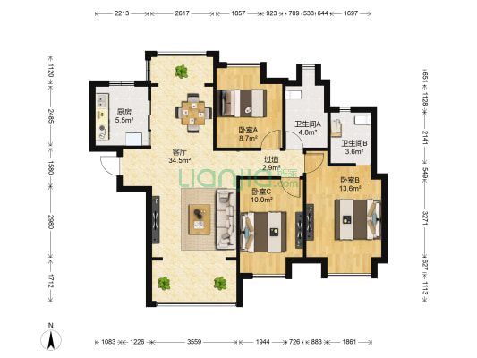 汉港凯旋城 3室1厅2卫 108平方