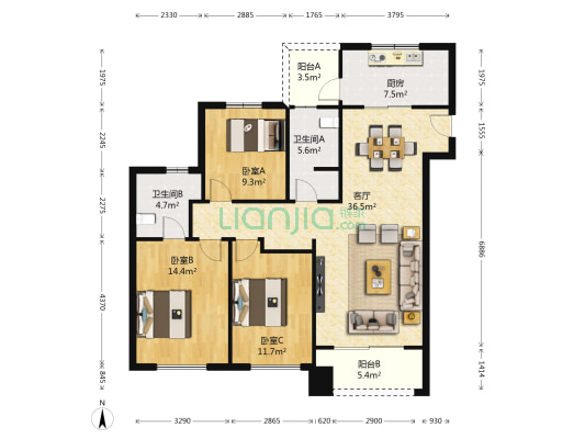 万达天樾二期 3室1厅2卫 133平方