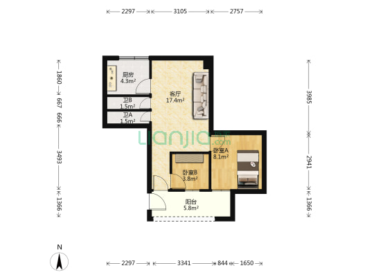 燕岭路 2室1厅2卫 46平方